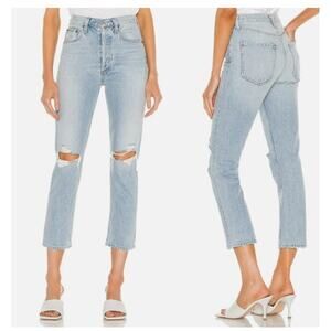 Agolde Jeans 29 Riley High Rise Straight Crop Distressed Light Wash Button Fly